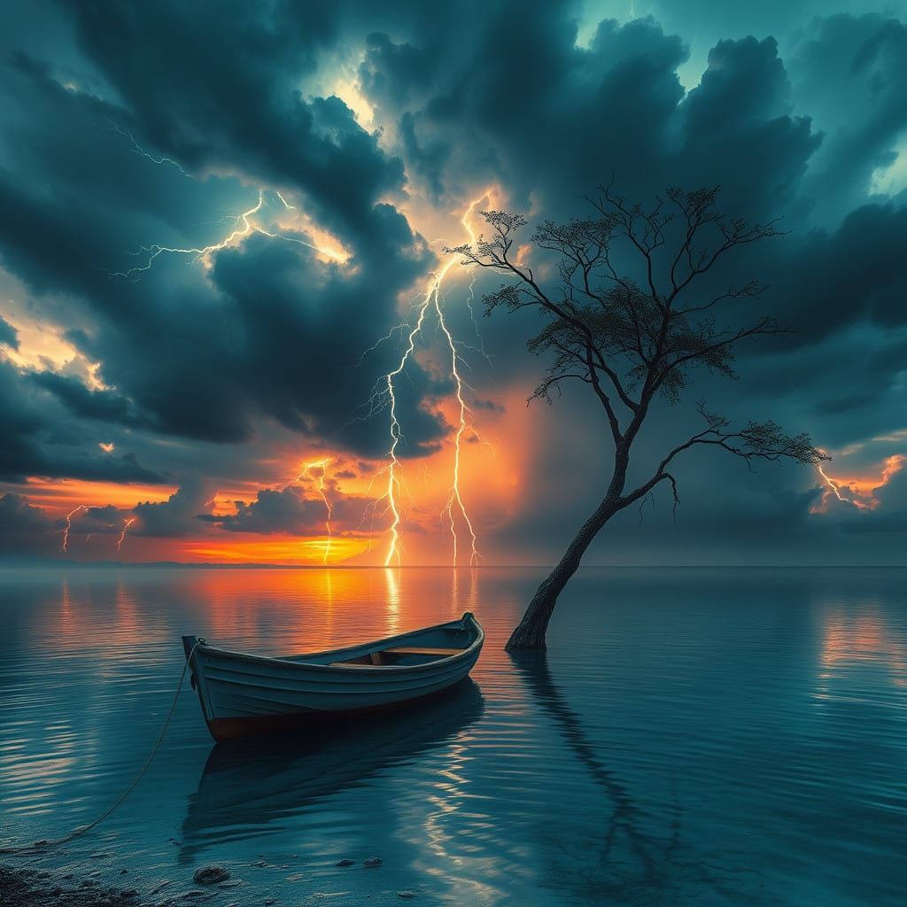 Stormy Lagoon Sunset with Lightning