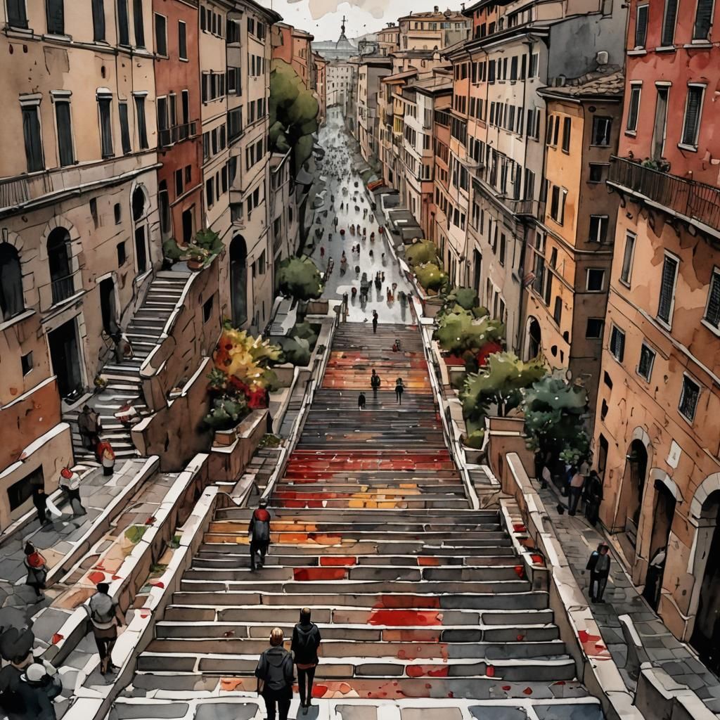 Spanish Steps, Rome: Watercolor and Ink Splatter Art