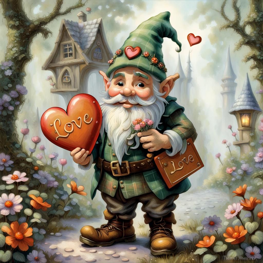 Whimsical Gnome Holding Love Sign Illustration