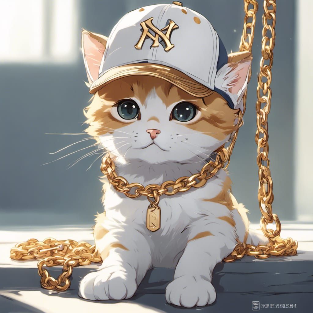 Anime Kitten with Yankees Cap in Ghibli Style