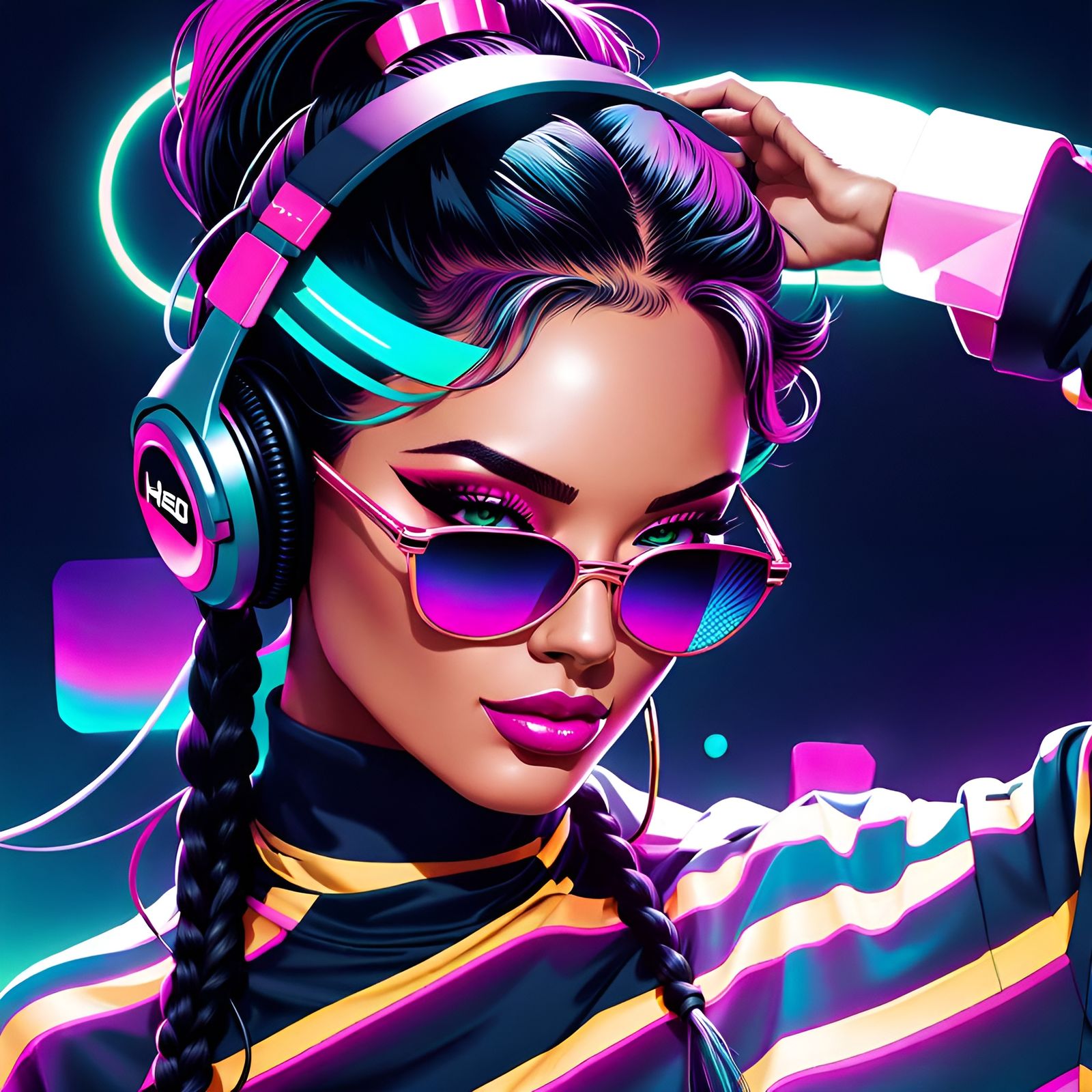 Vaporwave Art - Beautiful Deejay-Girl in Sunglasses, DJ House Music CD Cover Template