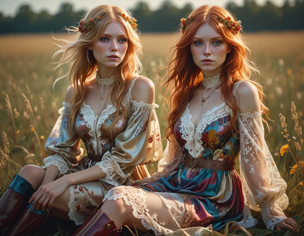 Blonde and Redhead in Field, Art Nouveau Portrait