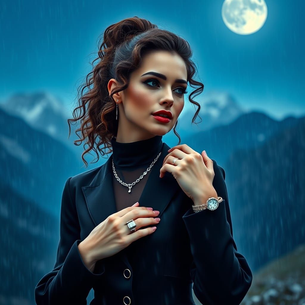 Woman Posing in Rainy Mountains: Cinematic HDR Portrait