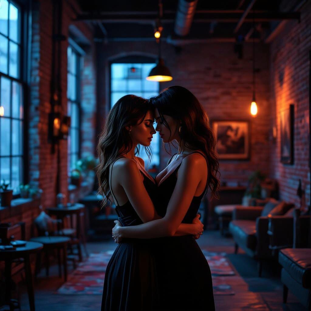 Intimate Cinematic Portrait of Embracing Women in Moody Loft