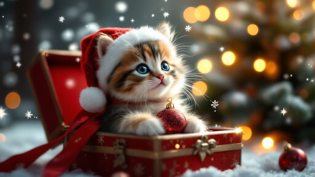 Whimsical Christmas Kitten in Red Gift Box Winter Wonderland