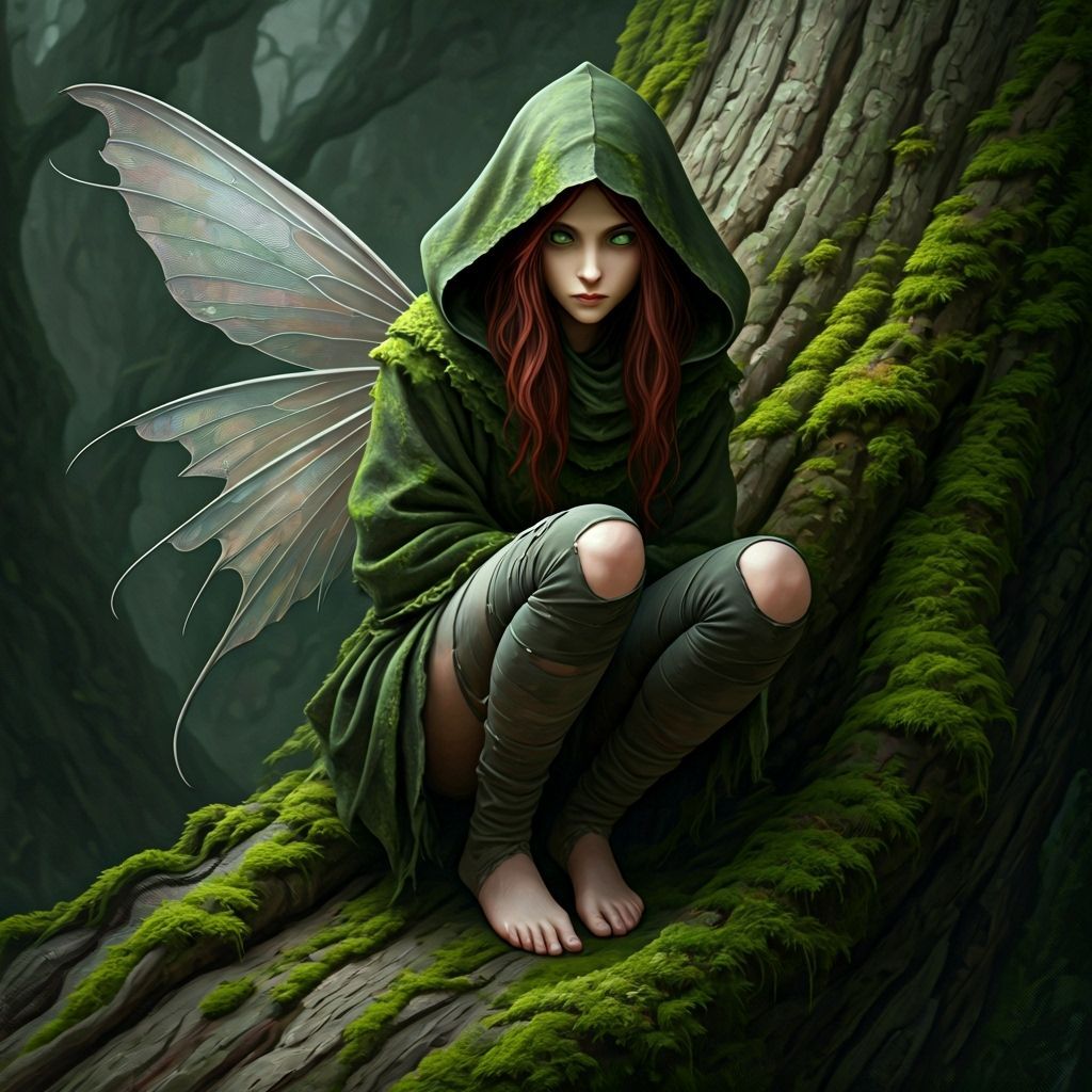 Mysterious Fairy on Ancient Tree Trunk, Painterly Fantasy Ar...