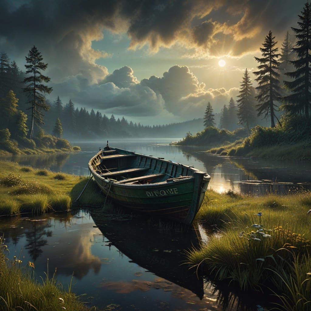 Eerie Abandoned Boat in Grassy Forest, Dark Fantasy Art