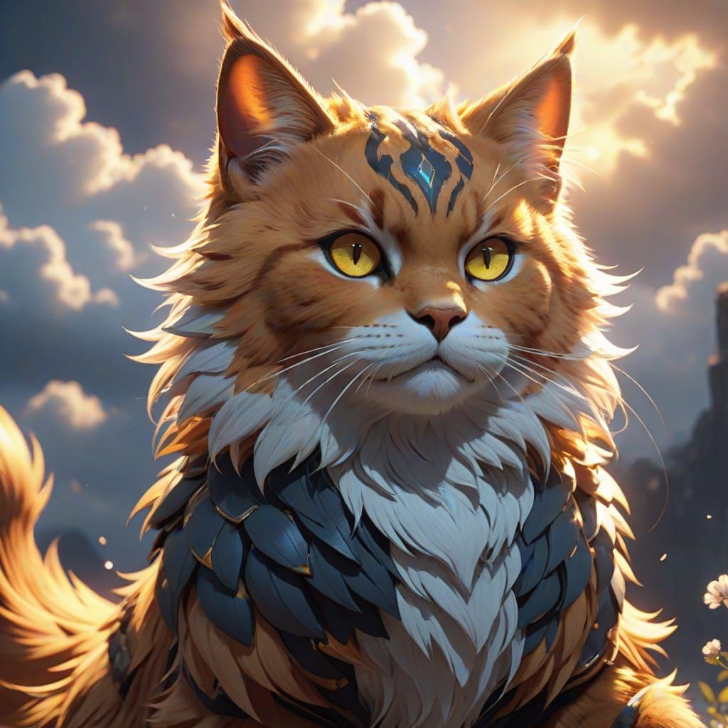 Fluffy Warrior Cat in Anime Style, 3D Art