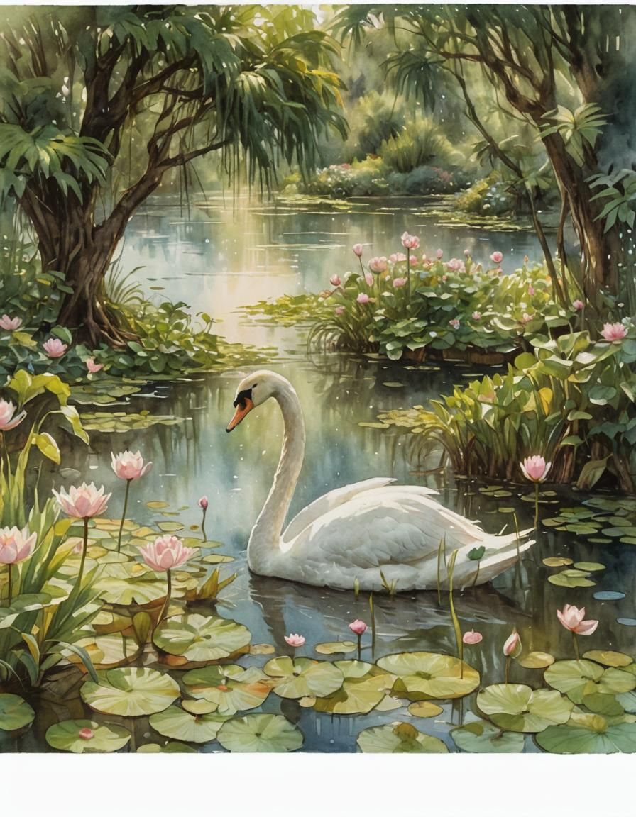 Swan and Water Lilies in Watercolor Comic Art