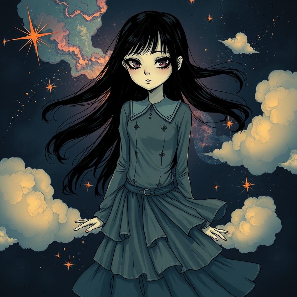 Gothic Emo Girl in Cosmic Dreamscape