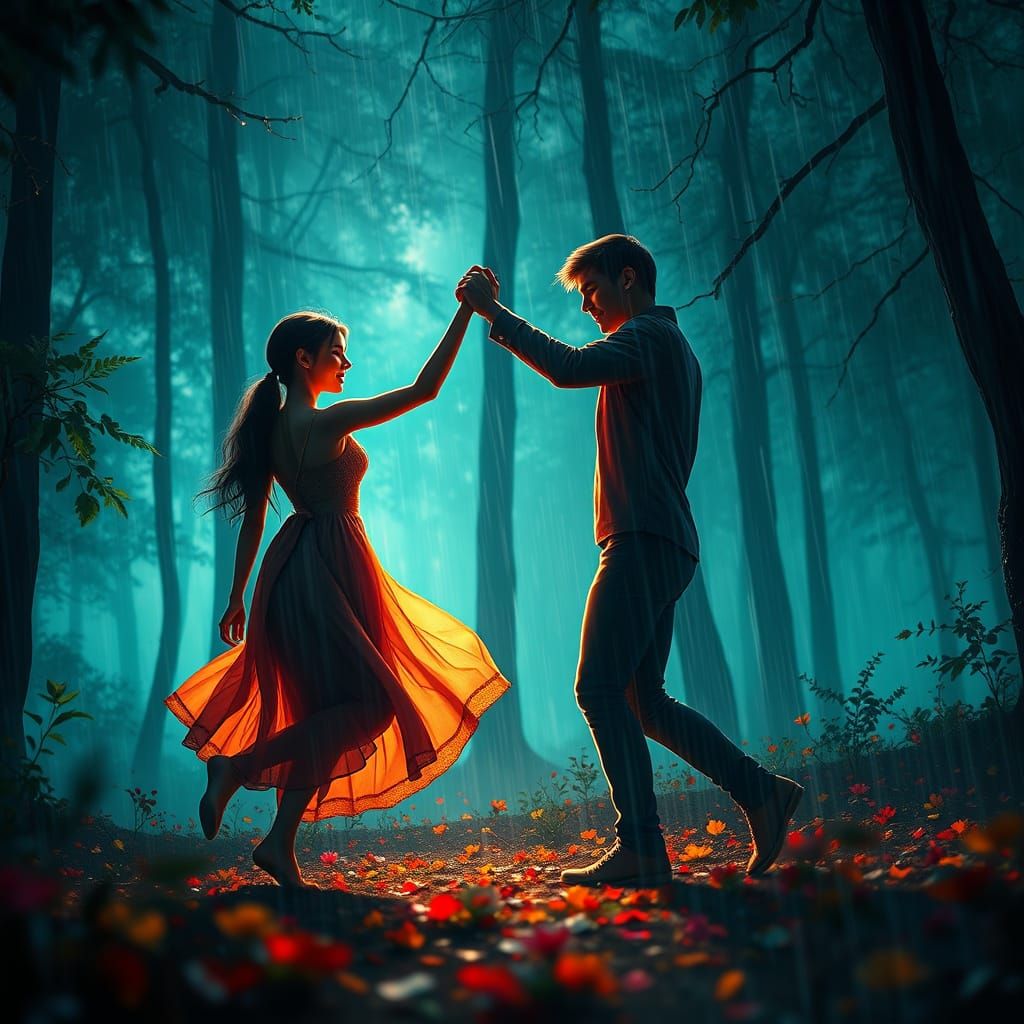 Romantic Couple Lost in Enchanted Forest, Dancing in the Rai...