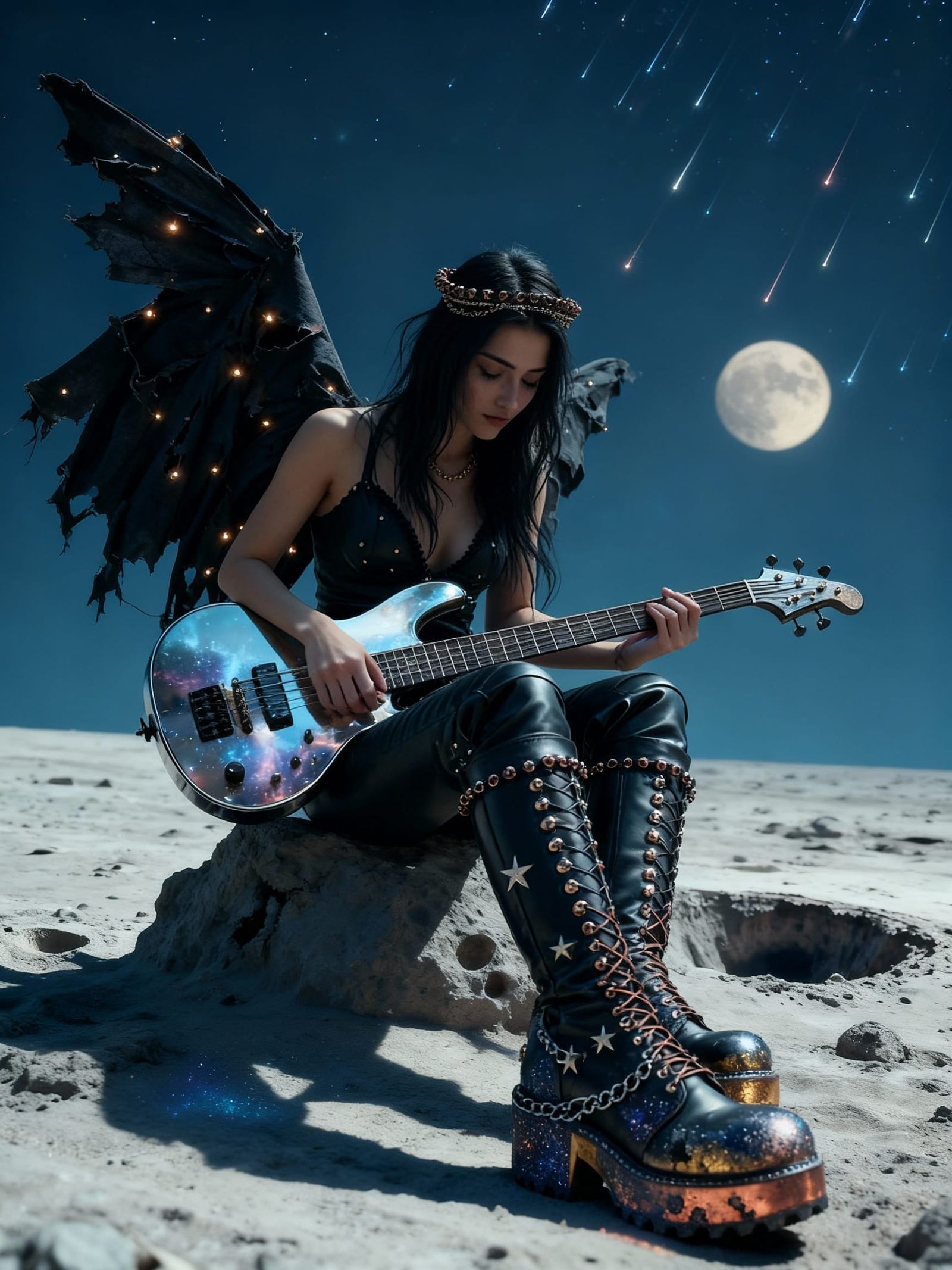 Fallen Muse Fairy on Moon with Shooting Stars