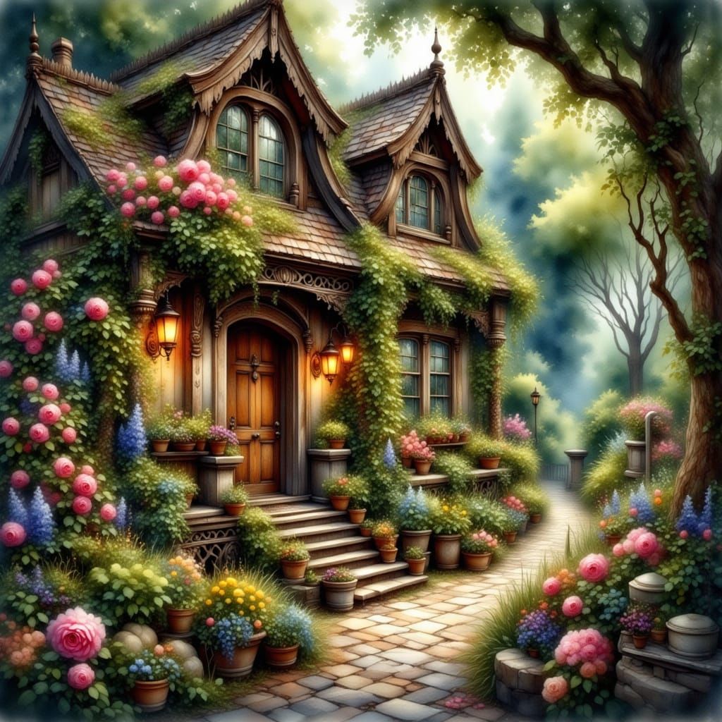 Enchanted Cottage in Antique Watercolor Forest