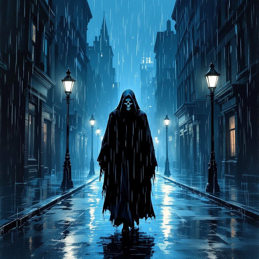 Death Walks in Dark, Rainy Cityscape