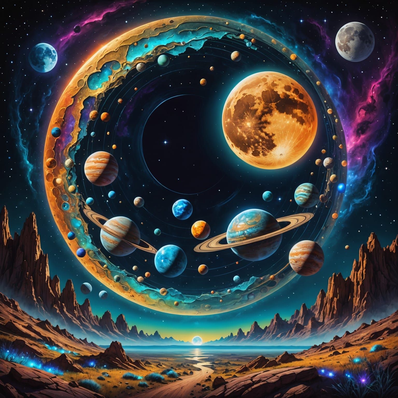 Luminous Celestial Alignment in 8K Holographic Art