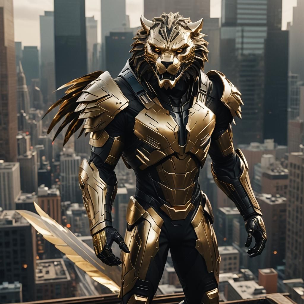 Lionhawk Superhero in Futuristic Cityscape