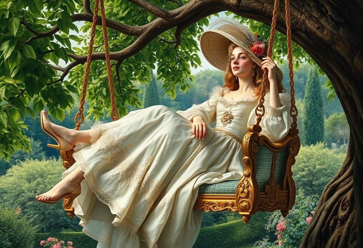 Elegant Woman on a Swing: Baroque Rococo Painting