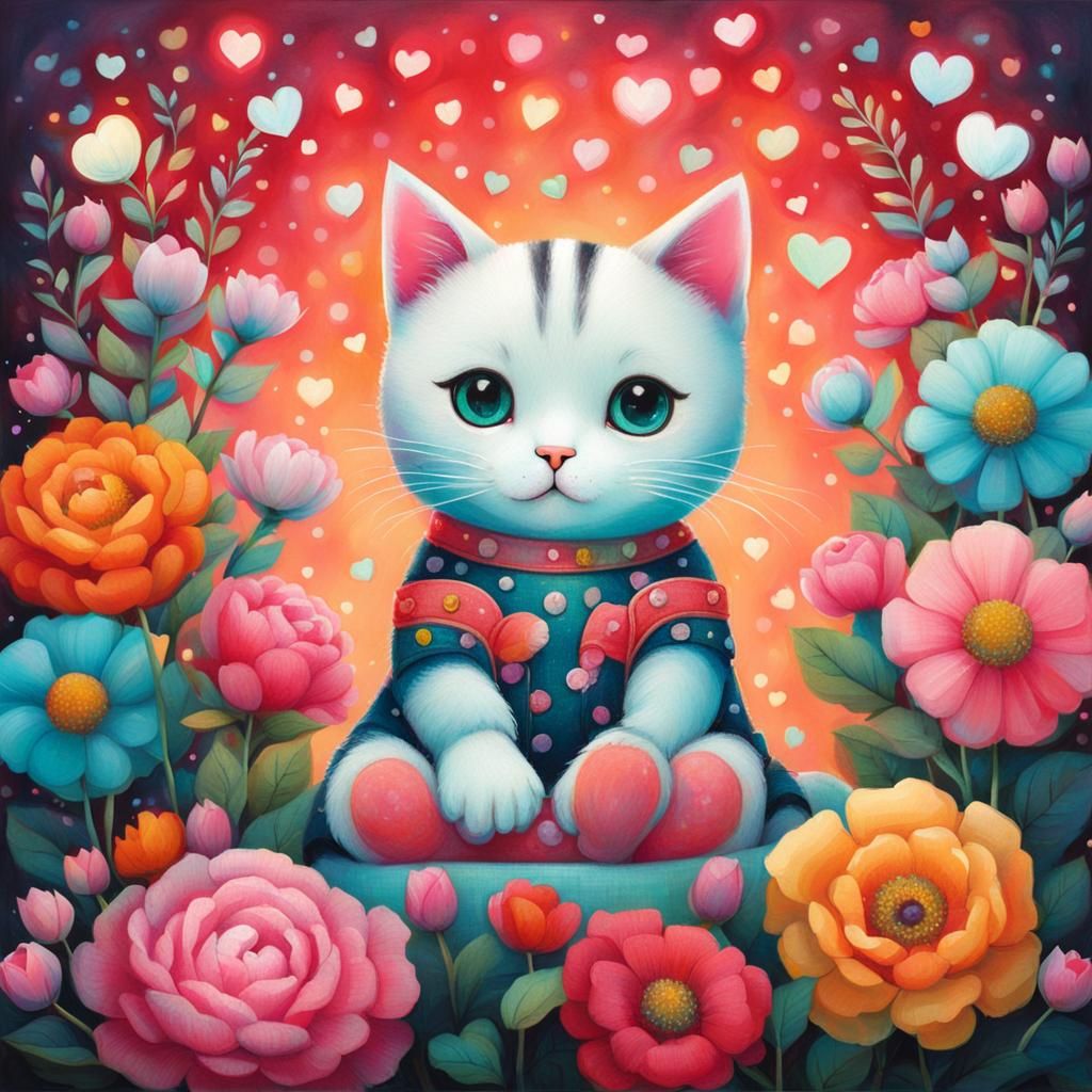 Cute Cat Surrounded by Flowers in Pop Surrealism
