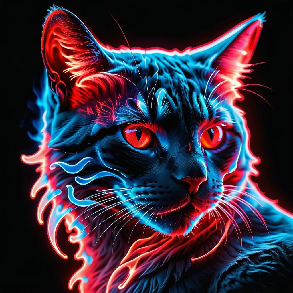 Bioluminescent Neon Cat Head Fire Illustration