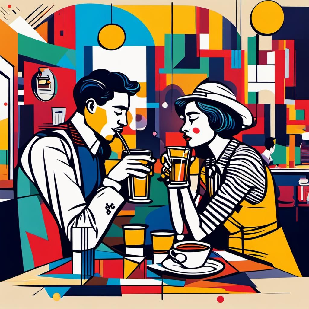 Couple in Cafe: Expressive Pop Art in Bauhaus Style