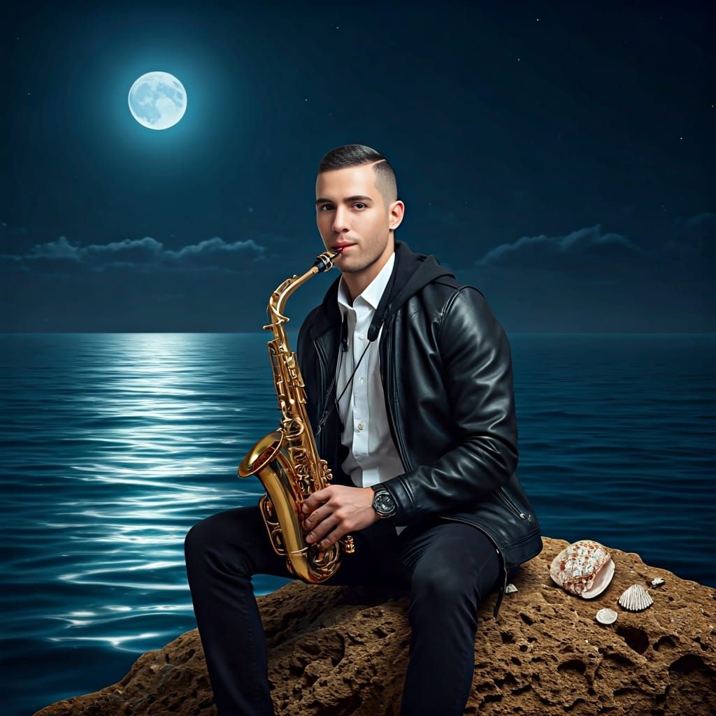 Man Plays Saxophone in Moonlit Ocean