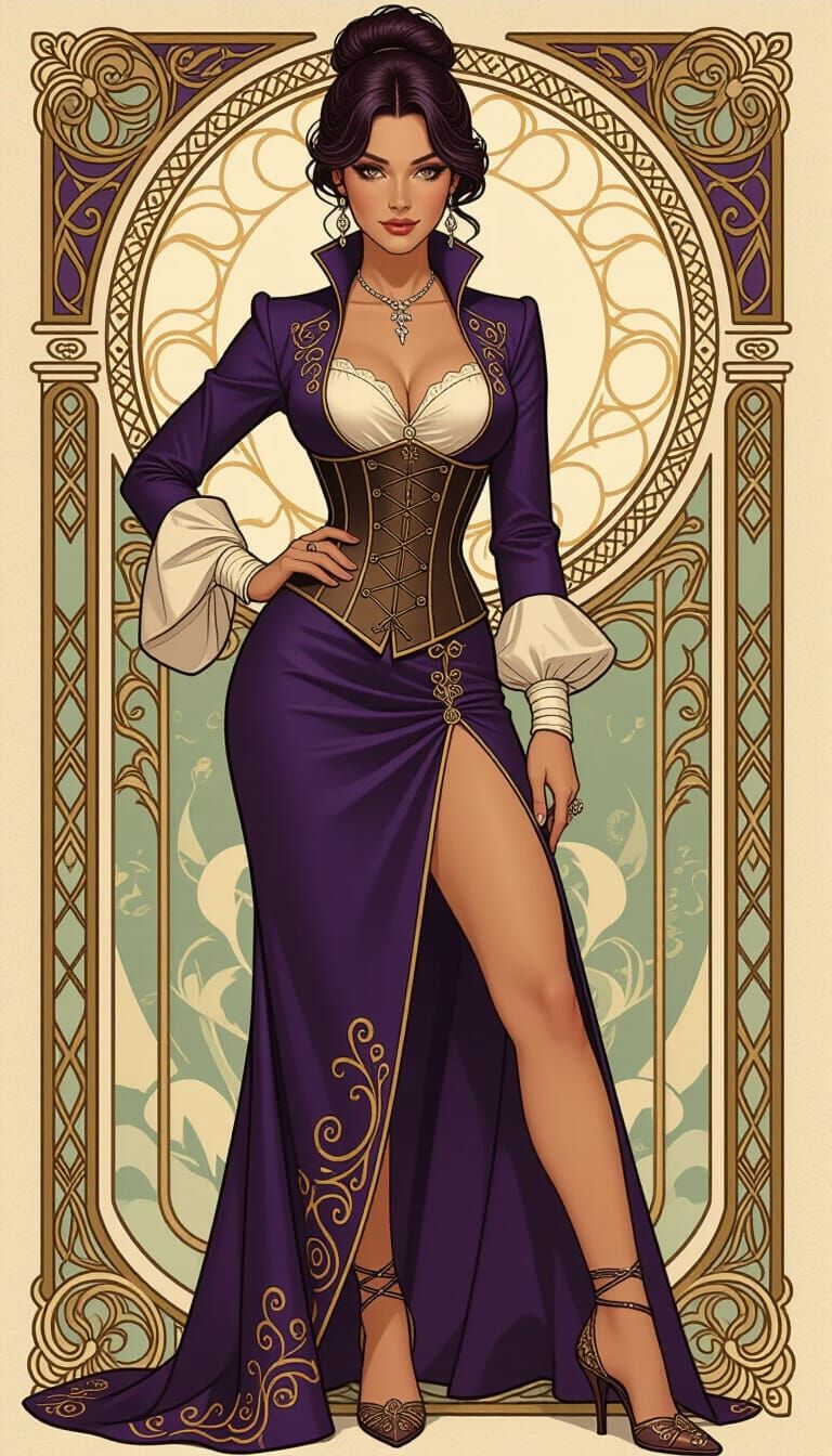 Elegant Woman with Purple Hair in Art Nouveau Style