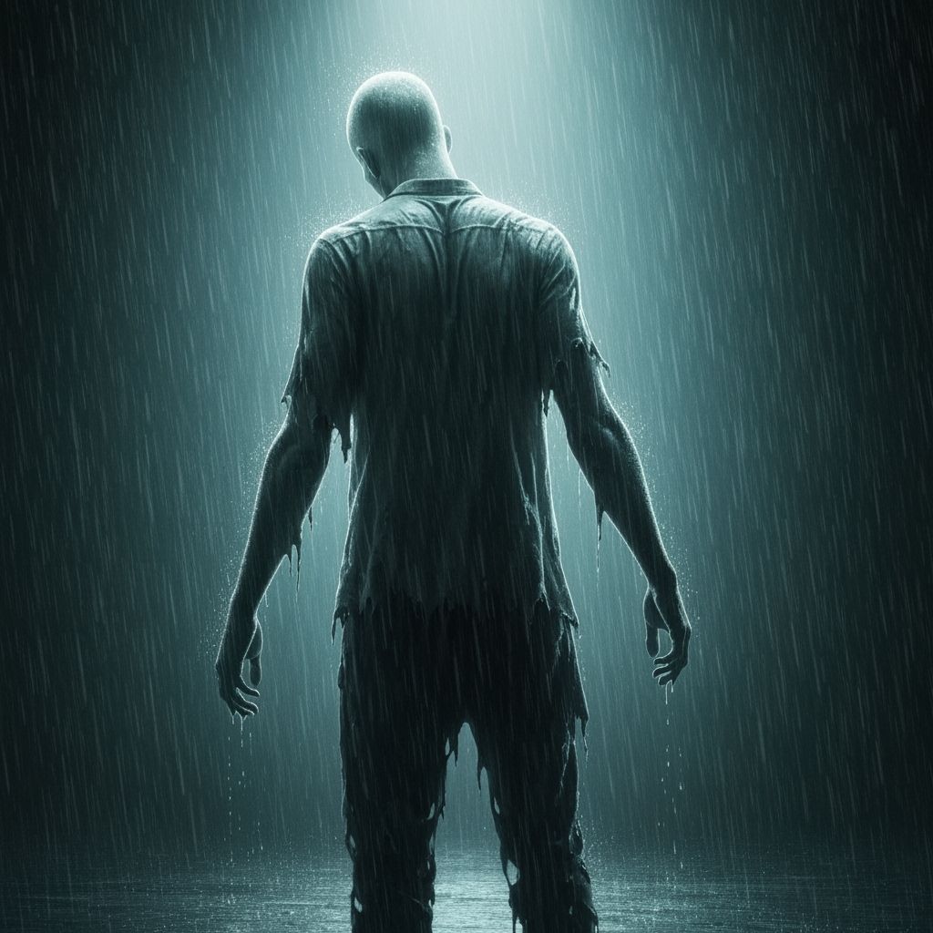 Eerie Ghost Melting in Downpour, Surreal Art