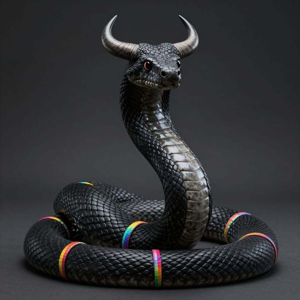Huge Black Snake With Rainbow Rings and Bull Horns