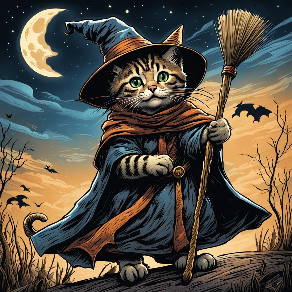 Tabby Kitten Witch on Broomstick, Comic Art