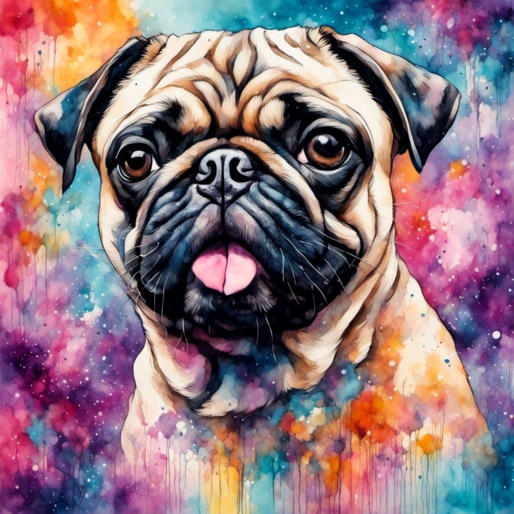 Pastel Pug Portrait in Ink and Pencil Style