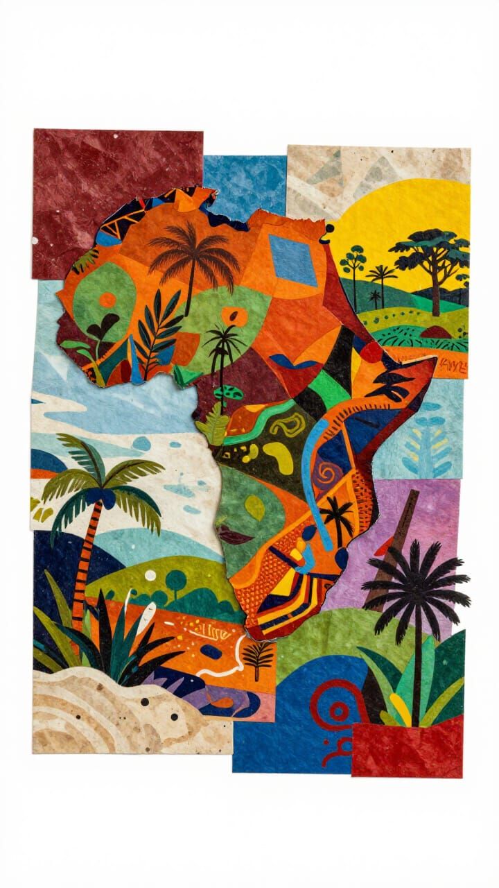 Vibrant African Landscapes in Expressive Collage Style