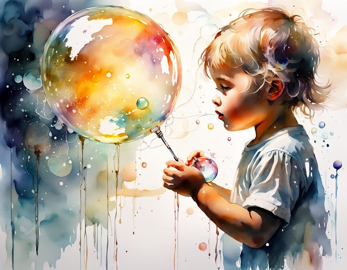 Toddler and Giant Bubble in Watercolor Style
