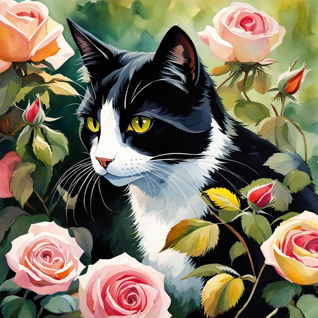 Watercolor Cat in Rose Garden, Digital Illustration