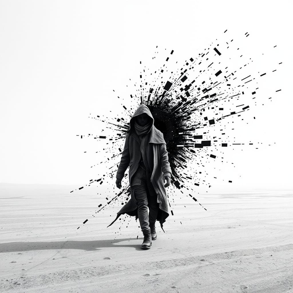 Figure Disintegrating into Pixelated Glitch Art