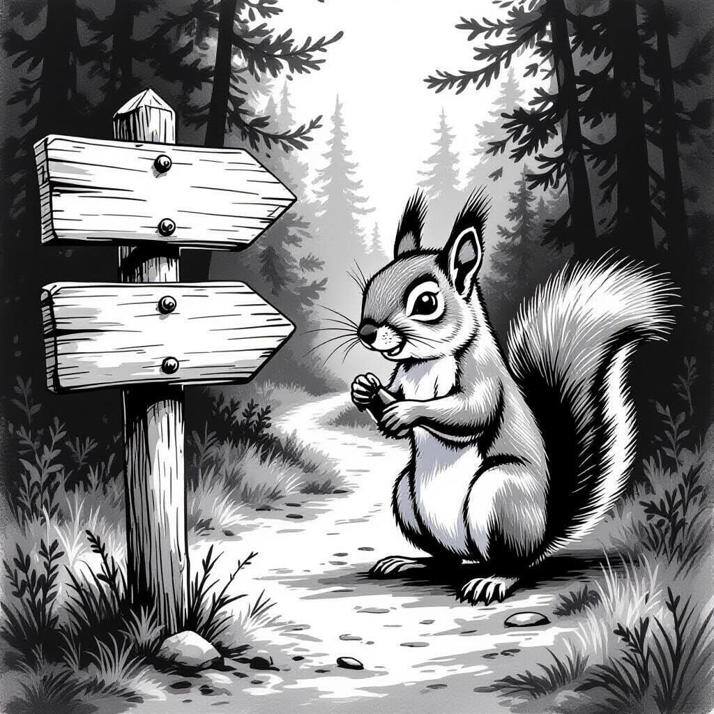 Mischievous Squirrel Switching Signposts in Black Ink Style