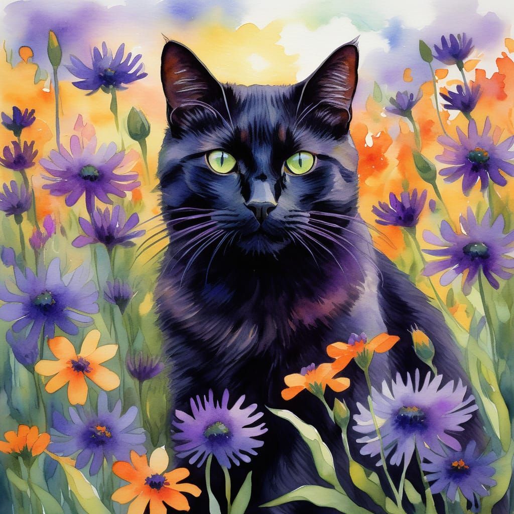 Regal Black Cat Amidst Vibrant Wildflowers in Impressionist ...