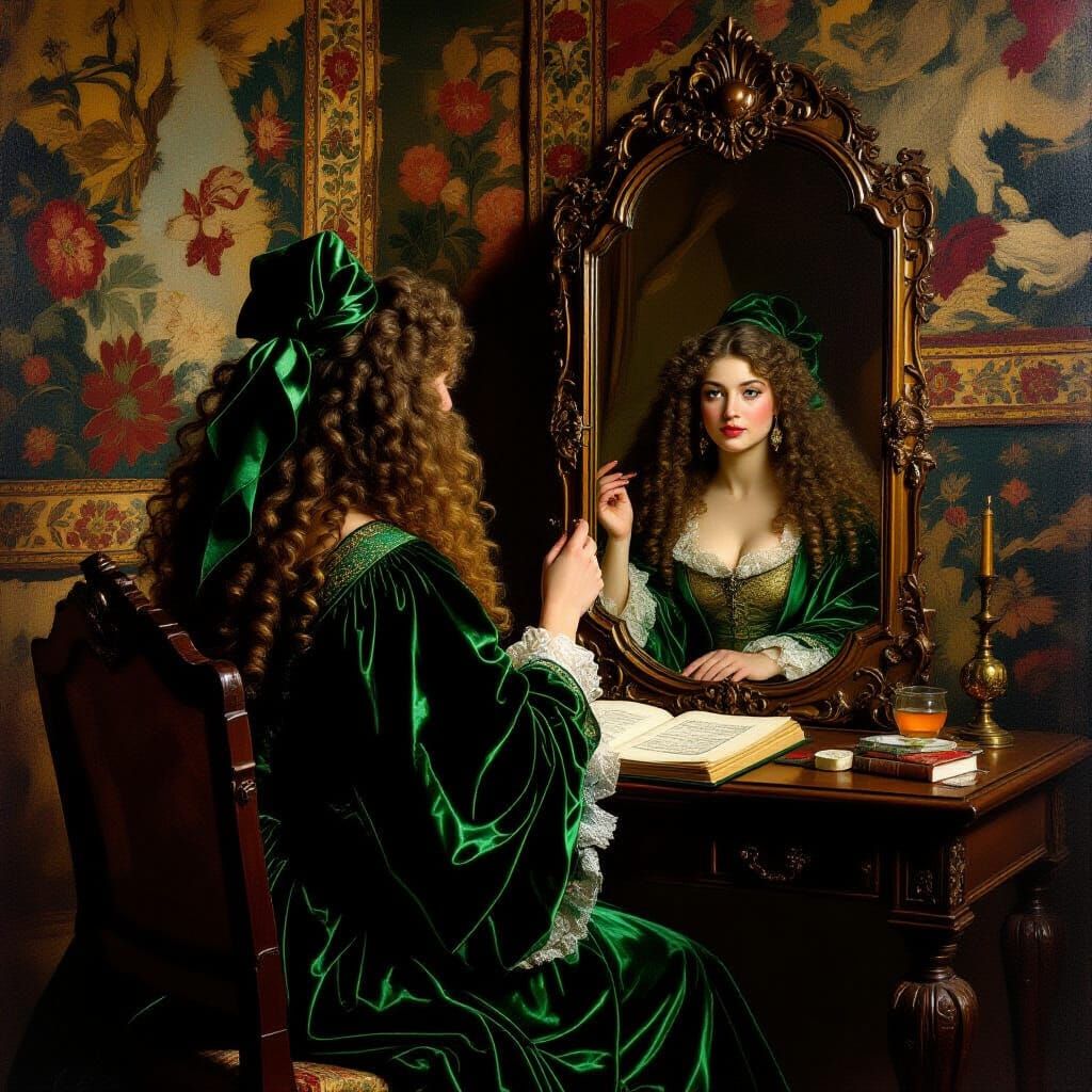 Sorceress Gazing in Mirror, in Baroque Style