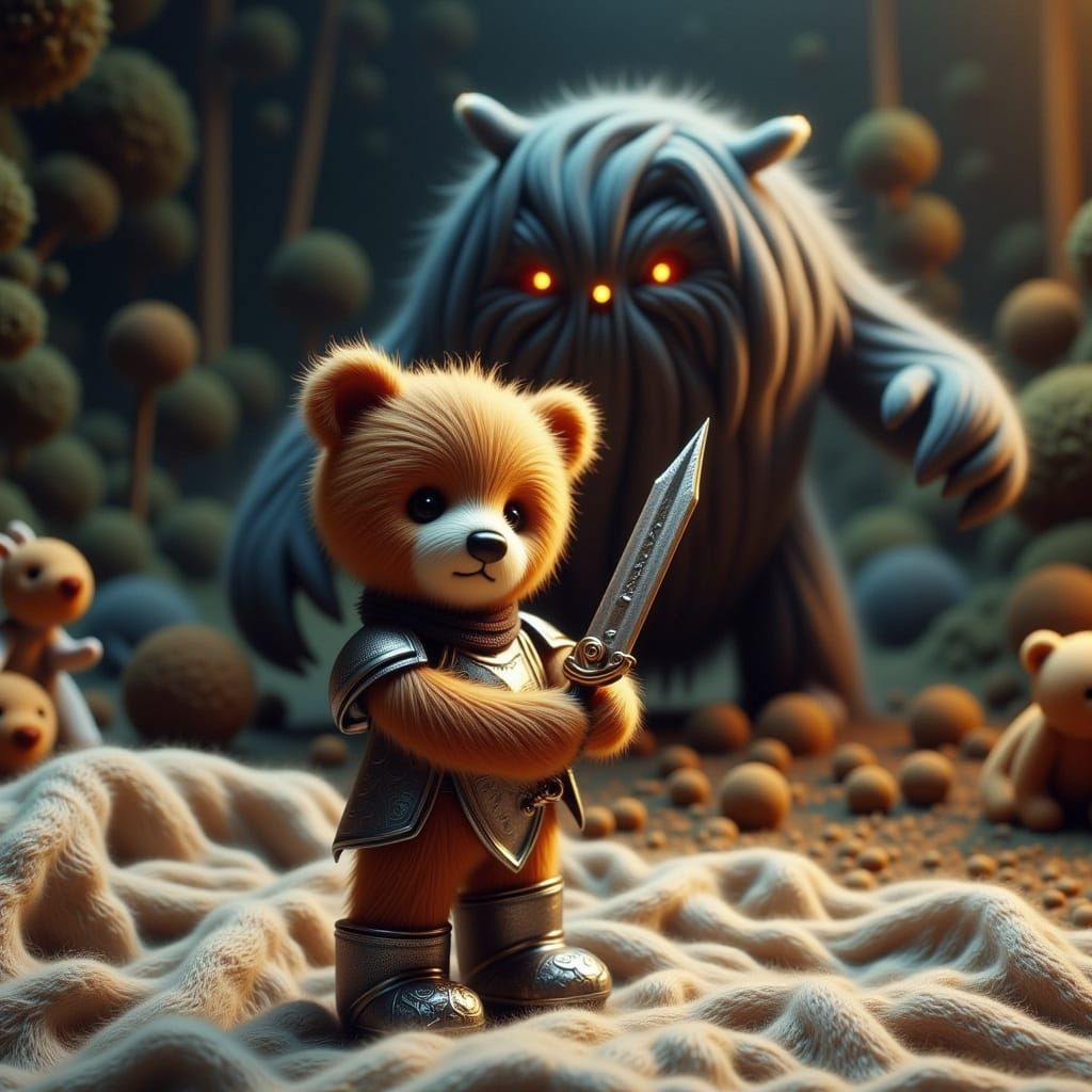 Whimsical Warrior Teddy Bear in Cozy Bedtime Scene