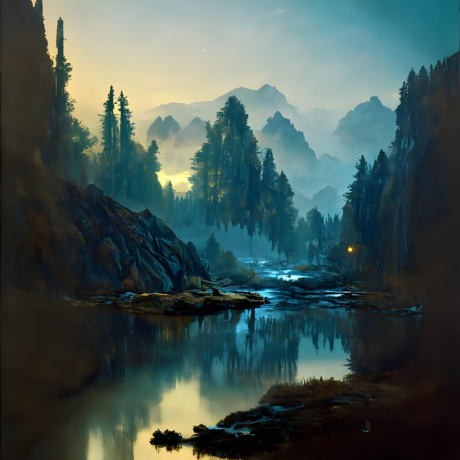 Night Valley River Scene in Hyperrealistic Style