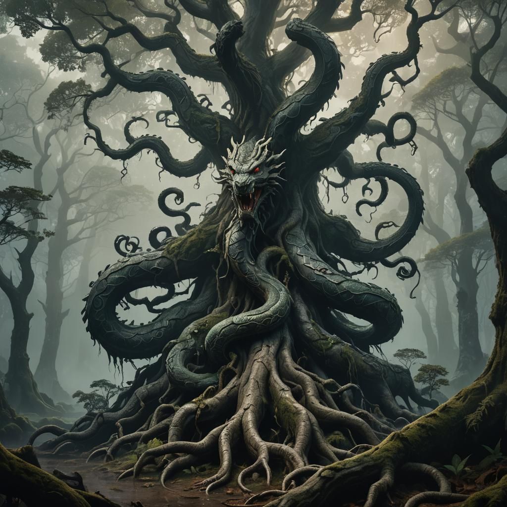 Kurakuda with Serpent Tails in Misty Forest