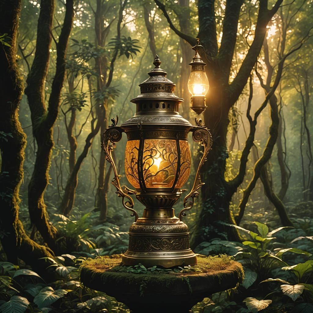 Enchanted Oil Lamp in Mystical Forest