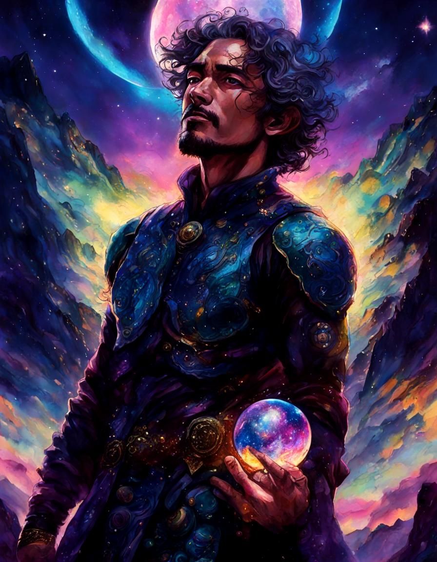 Cosmic Pointillism Hero Portrait with Gold Accents