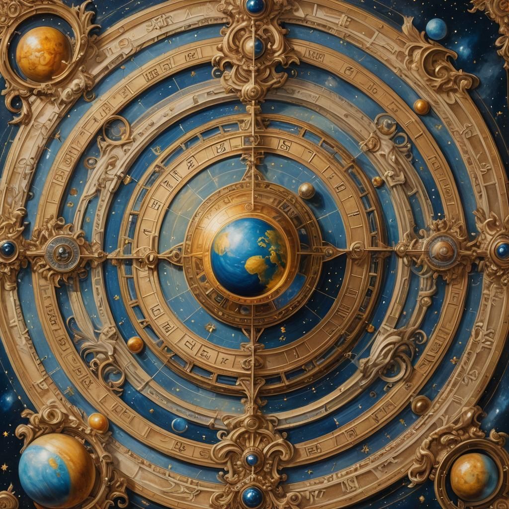 Vintage Natal Chart Oil Painting with Saturn in Fifth House