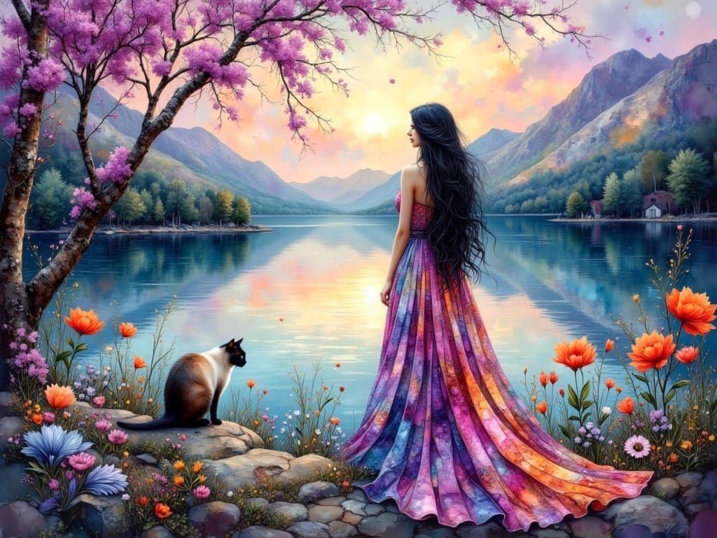 Ethereal Woman with Siamese Cat in Stunning Landscape