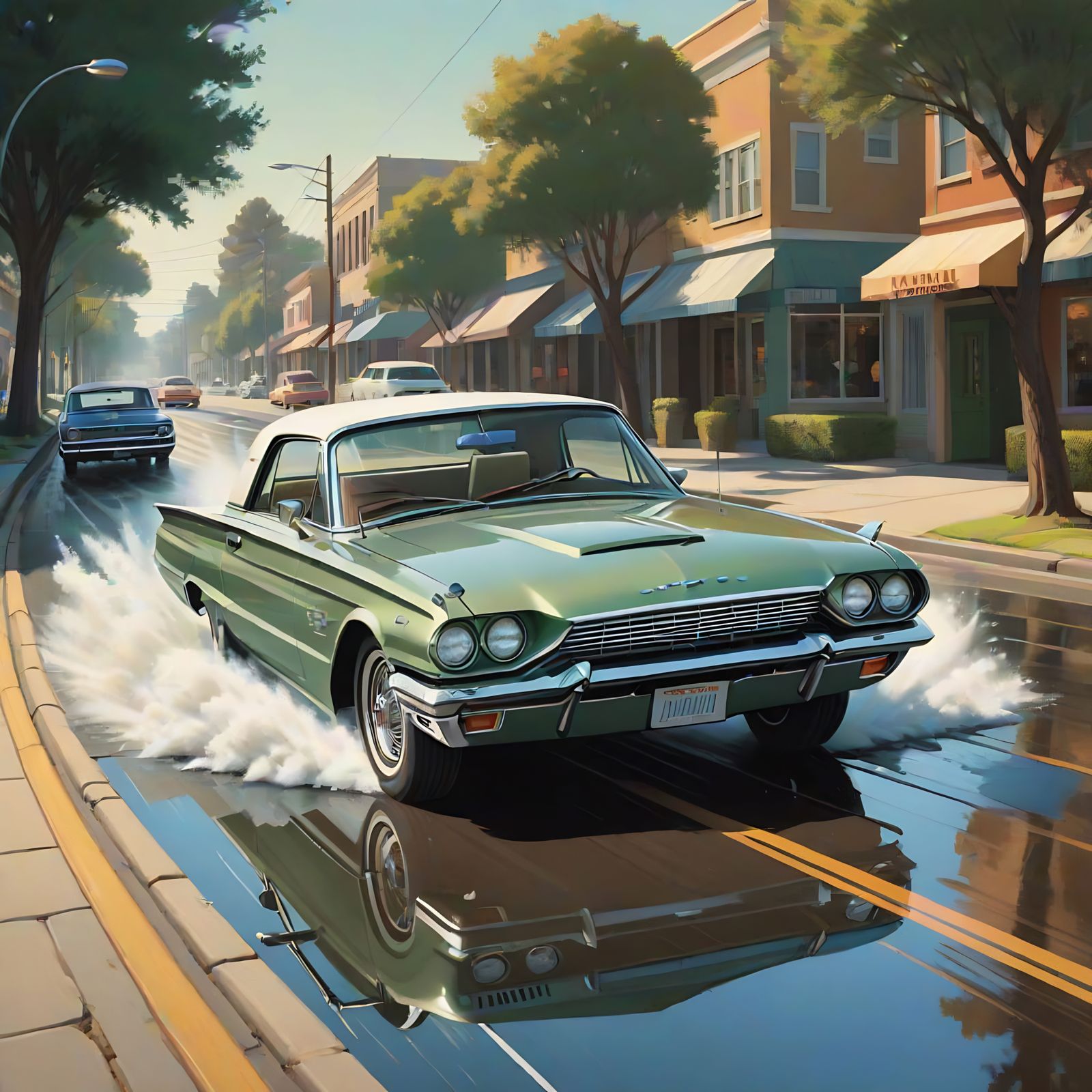 Vintage Ford Bird Car Speeds Through Splashy Water Scene