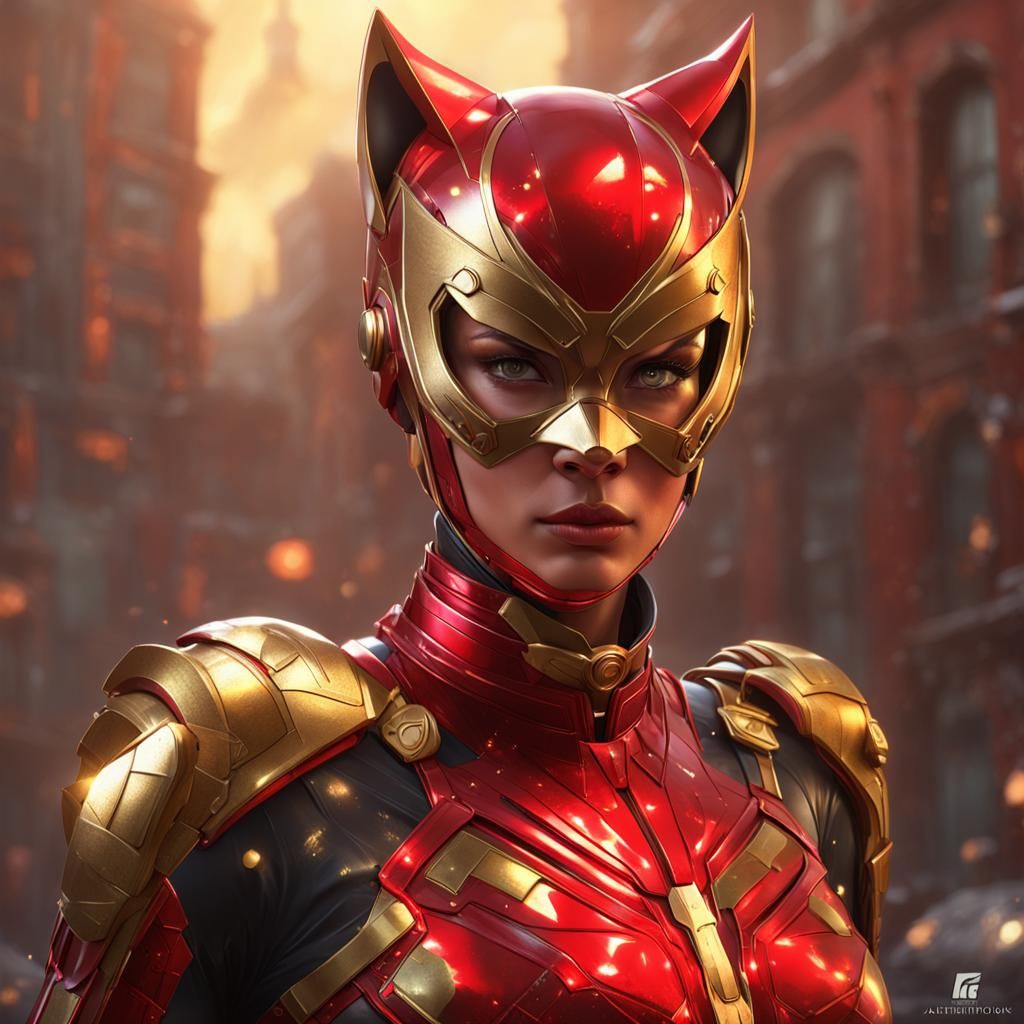 Metal Catwoman in Red and Gold Armor
