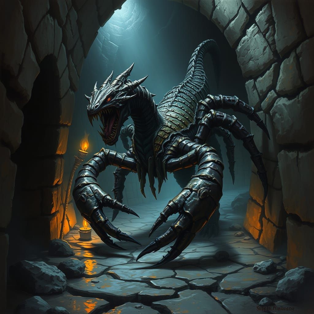 Dark Fantasy Scorpion Dragon in Limestone Dungeon