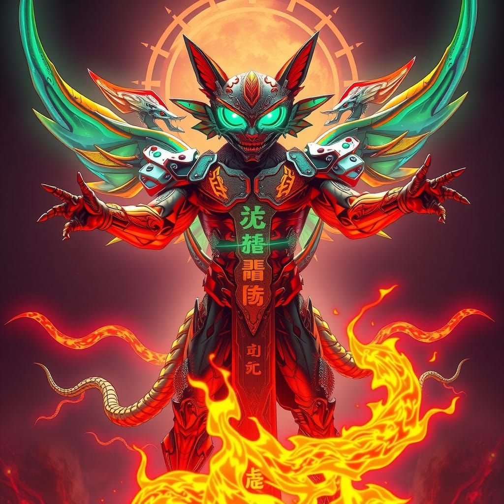 Cybernetic Deity in Iridescent Armor