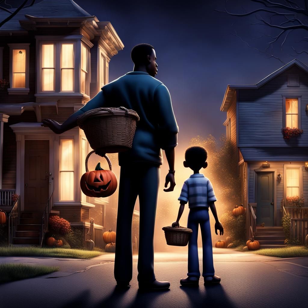 Pixar-Style Halloween Night Scene with Father and Son