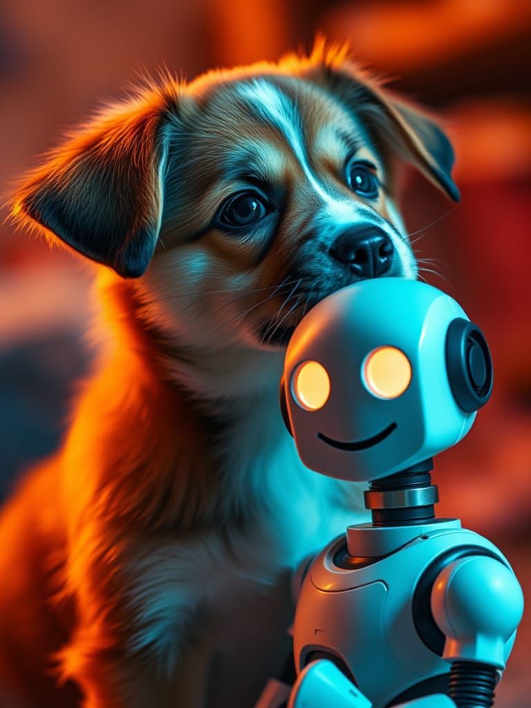 Puppy Winks at Robot Child: Cinematic Film Still